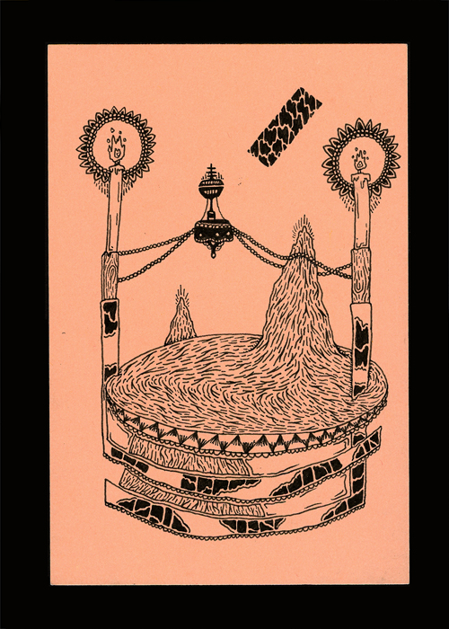 Graphic ink drawing of an altar on salmon colored paper